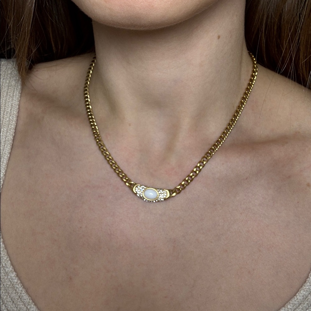 Elegant Gold necklace with cz stones and white Gemstone